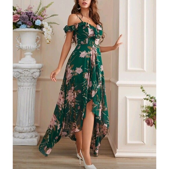 Cold Shoulder High Low Hem Allover Floral Dress - Picture 5 of 10